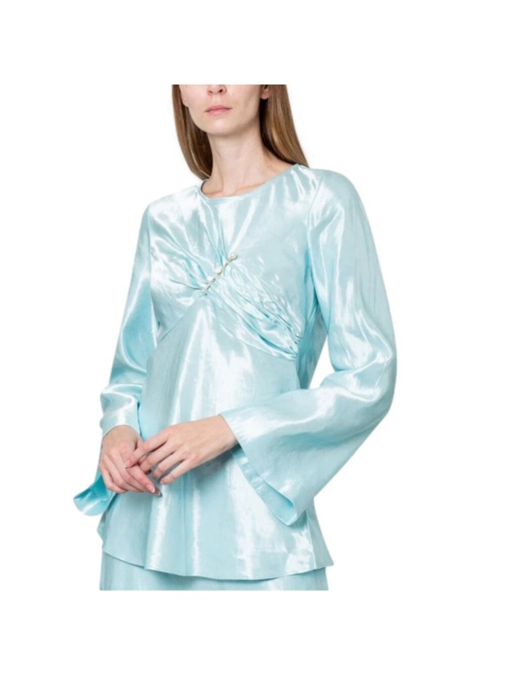 Aje Moonglade Pierced Fit and Flare Ruched Blouse in Spearmint Blue Size 8